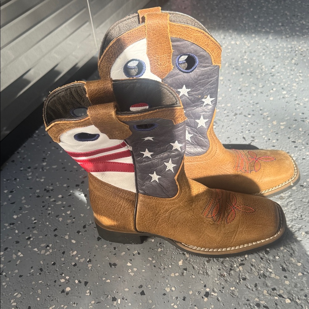 Never used J.B. Dillon Tan Cowboy Boots with Flag Design